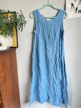 Boho Sleeveless Light Blue Embroidered Maxi Dress with Tie-Up Back Made in India